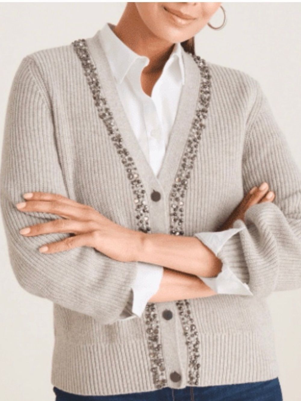 Chico's Light Gray Beaded V-Neck Button Front Cardigan size medium
